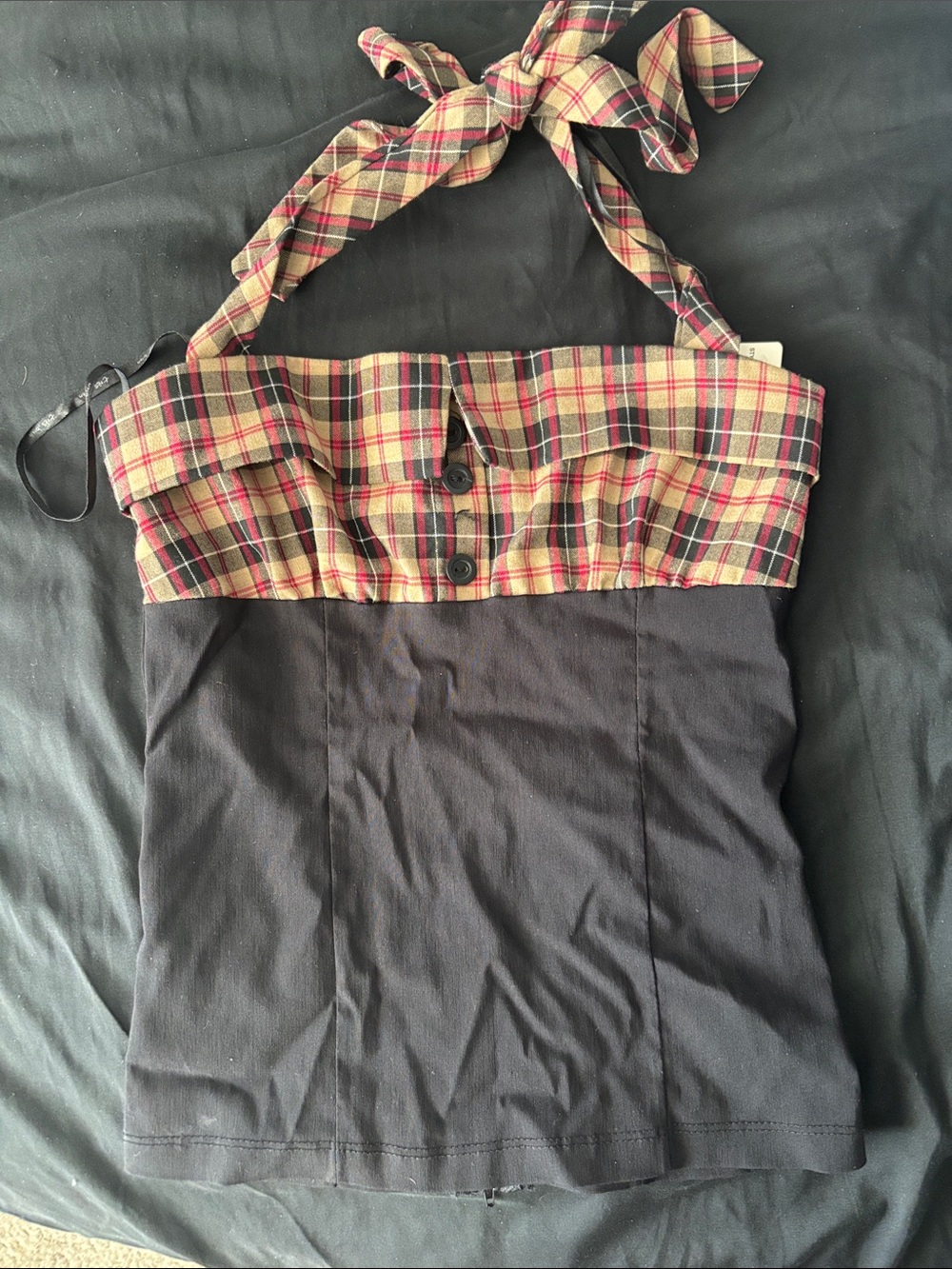 Plaid Halter Bustier Top with Black Bodice